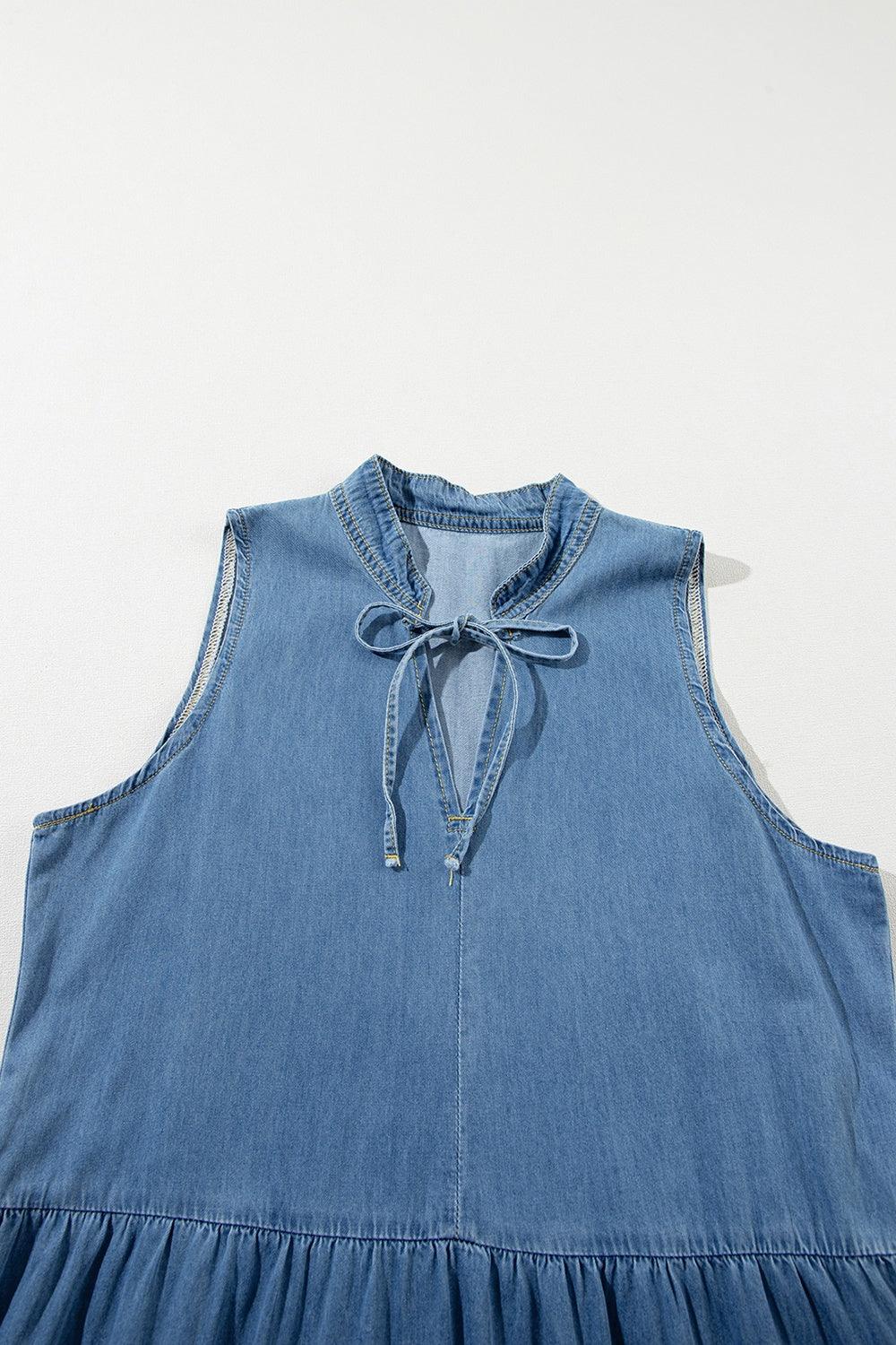 Tie Neck Sleeveless Denim Dress - Immenzive