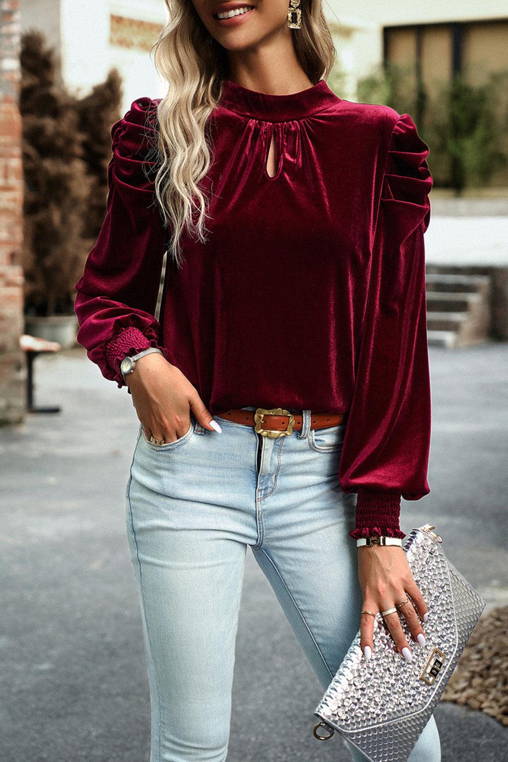 Tie Up Mock Neck Velvet Fabric Long Sleeve Blouse - Immenzive