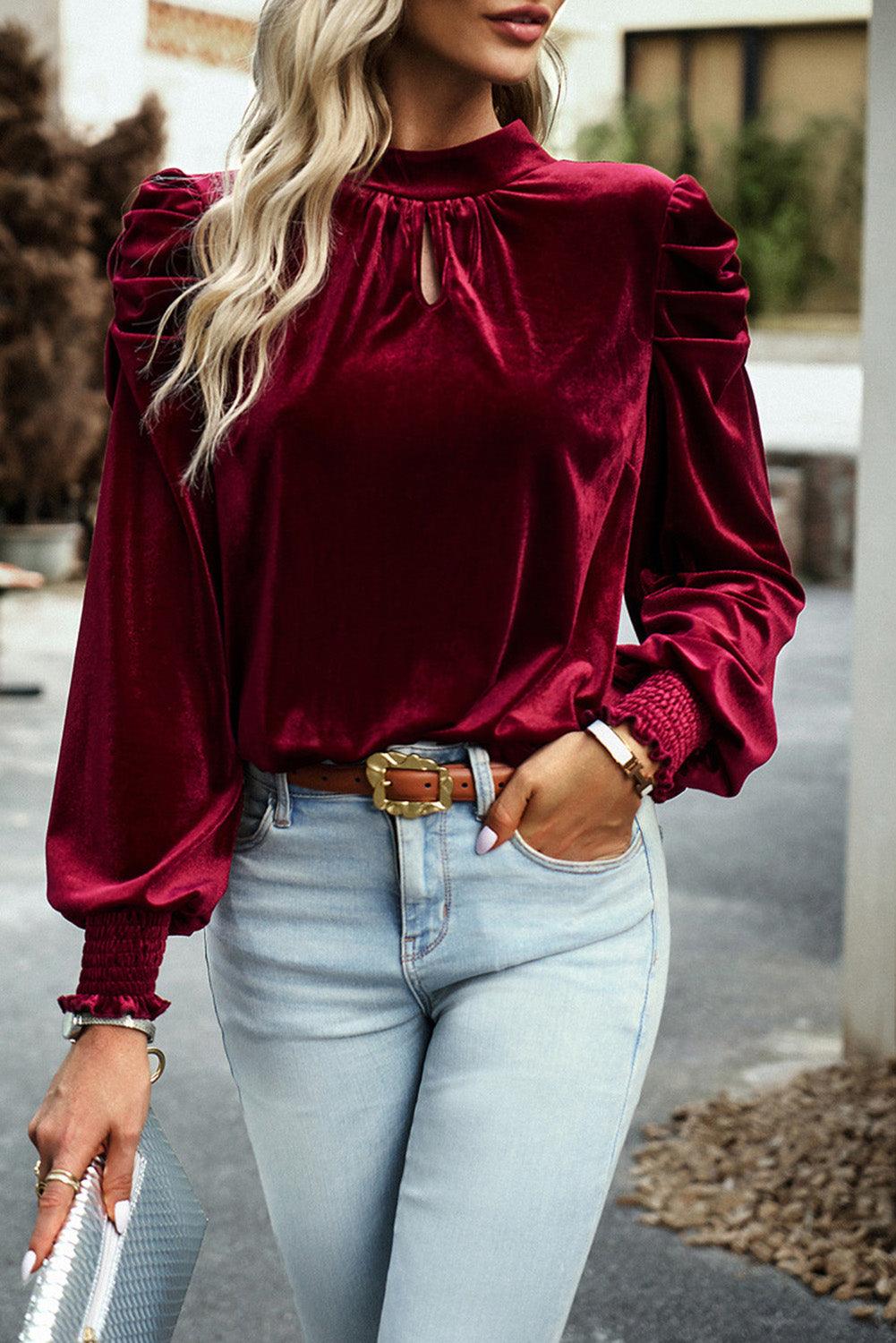 Tie Up Mock Neck Velvet Fabric Long Sleeve Blouse - Immenzive