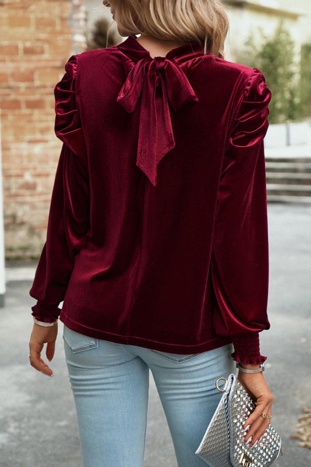 Tie Up Mock Neck Velvet Fabric Long Sleeve Blouse - Immenzive