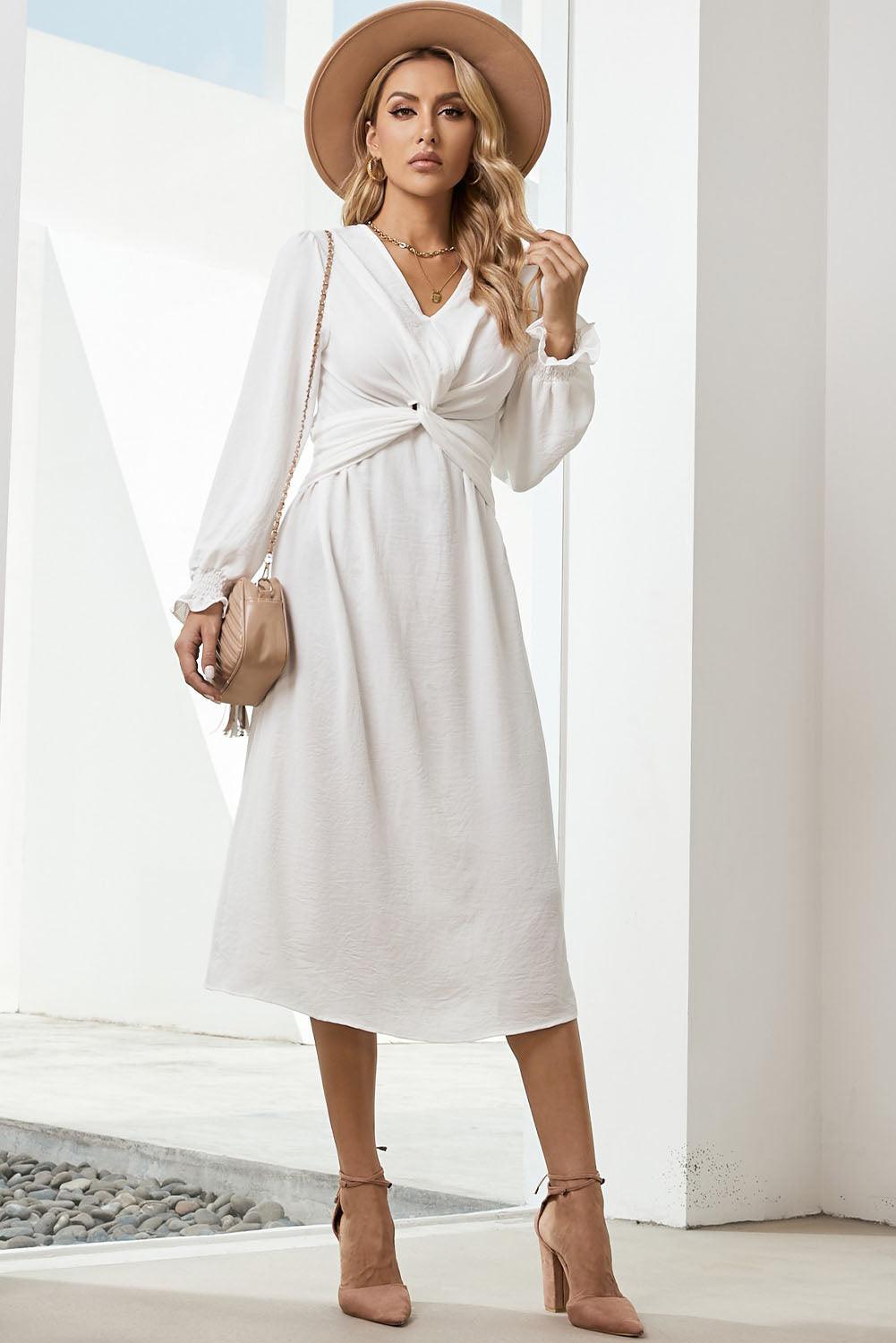 Twist Front V-Neck Flounce Sleeve Dress - Immenzive