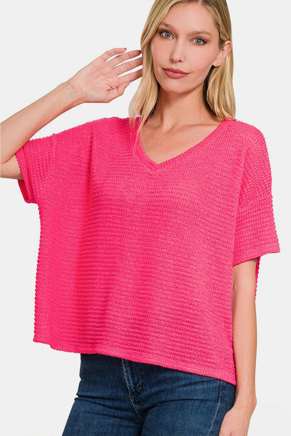 Zenana Drop Shoulder Short Sleeve Jacquard Knit Top - Immenzive