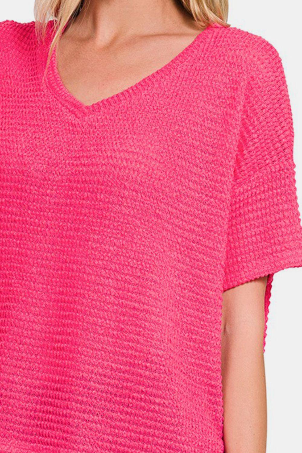 Zenana Drop Shoulder Short Sleeve Jacquard Knit Top - Immenzive