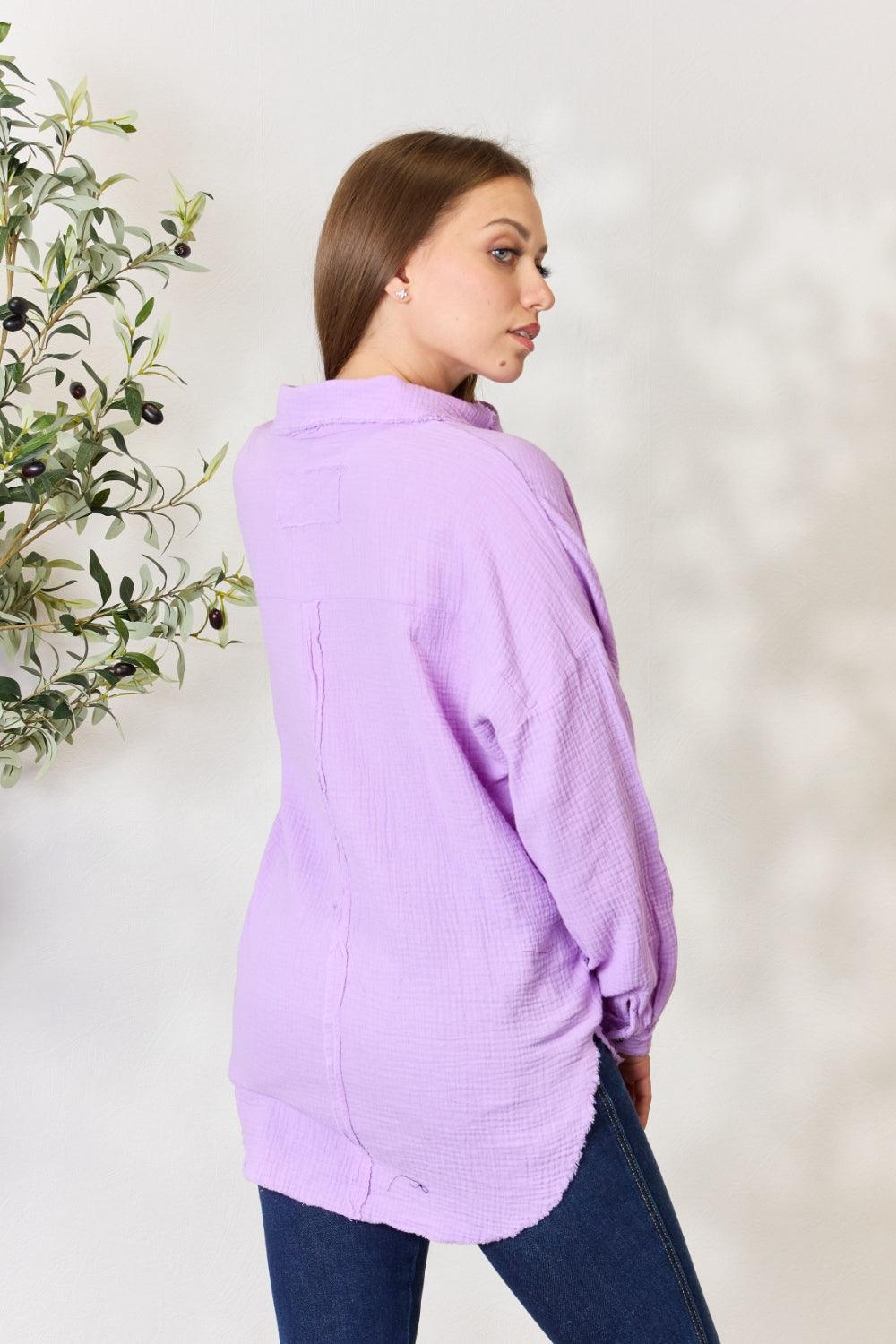 Zenana Full Size Texture Button Up Raw Hem Long Sleeve Shirt - Immenzive