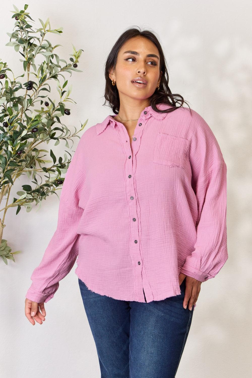 Zenana Full Size Texture Button Up Raw Hem Long Sleeve Shirt - Immenzive