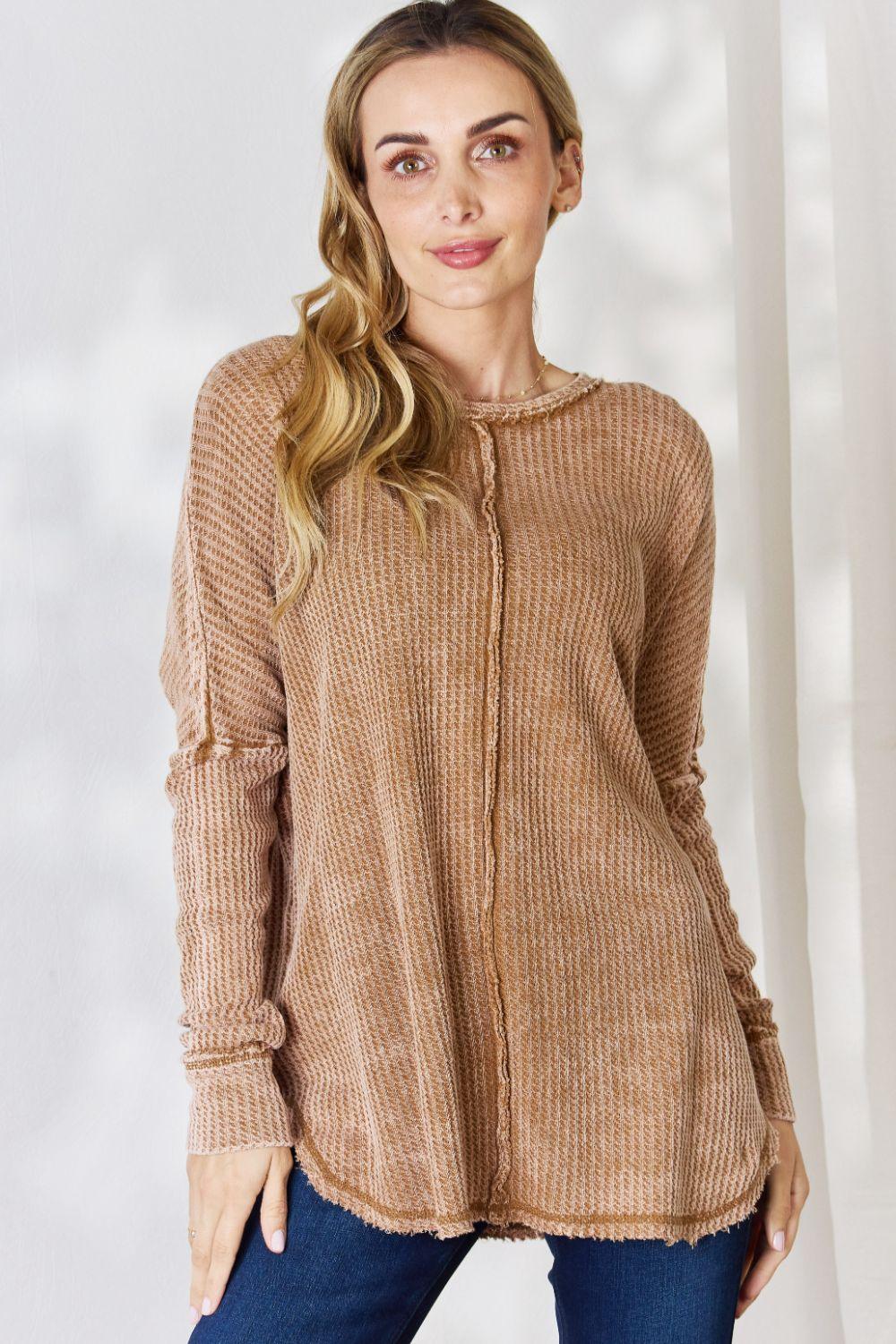 Zenana Oversized Washed Waffle Long Sleeve Top - Immenzive