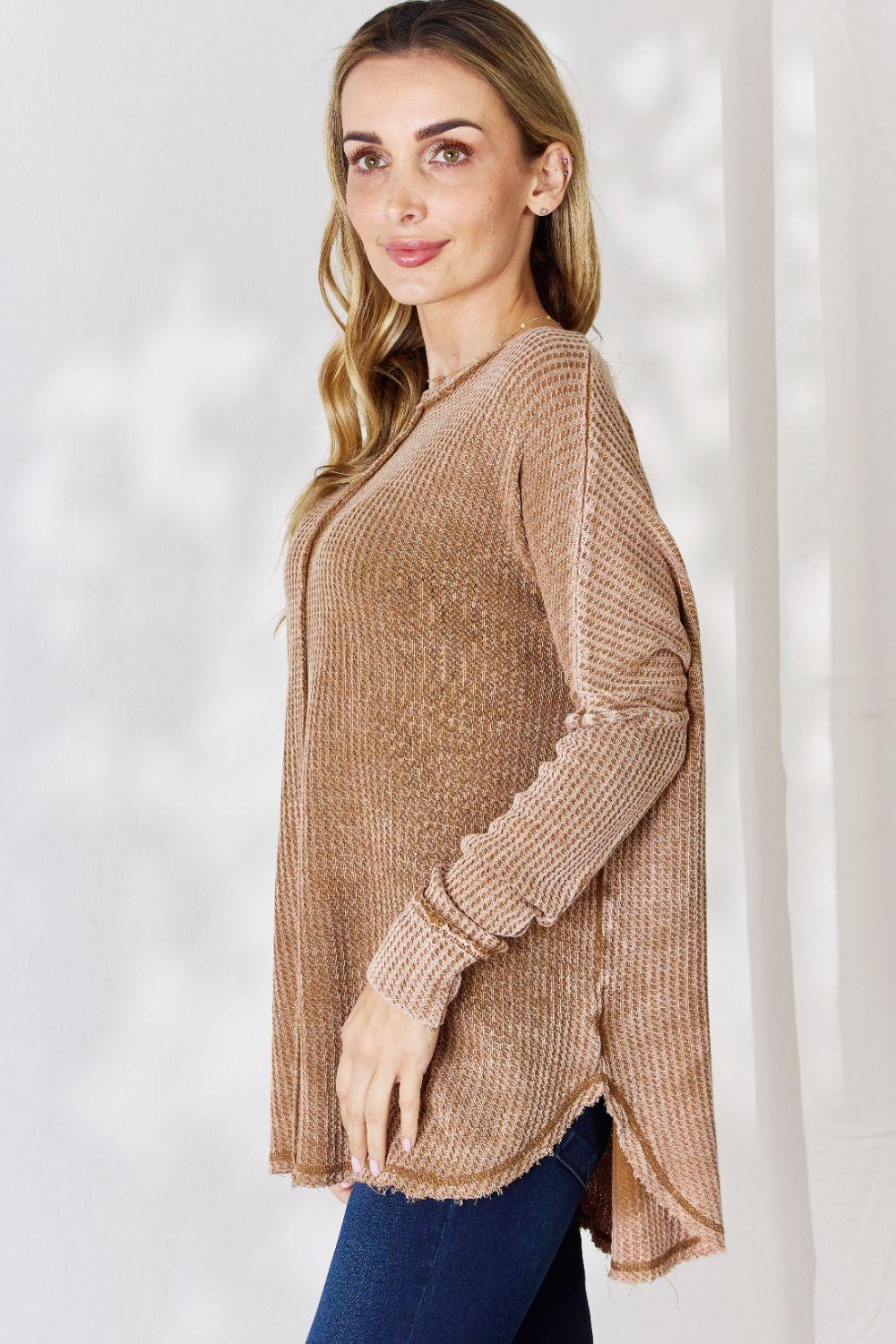 Zenana Oversized Washed Waffle Long Sleeve Top - Immenzive