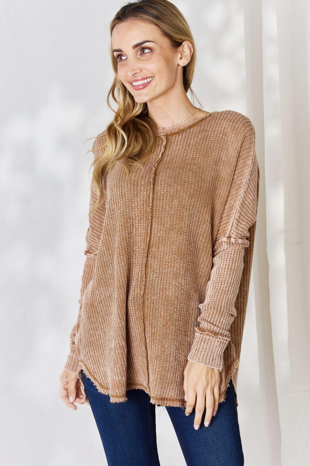 Zenana Oversized Washed Waffle Long Sleeve Top - Immenzive