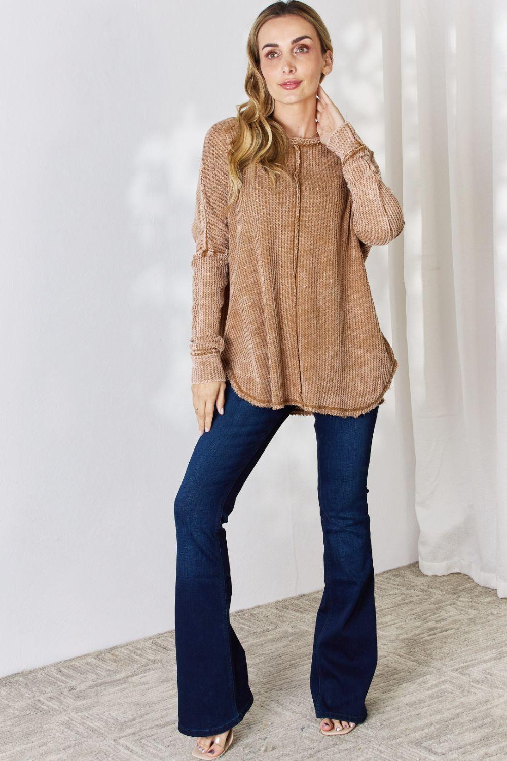 Zenana Oversized Washed Waffle Long Sleeve Top - Immenzive