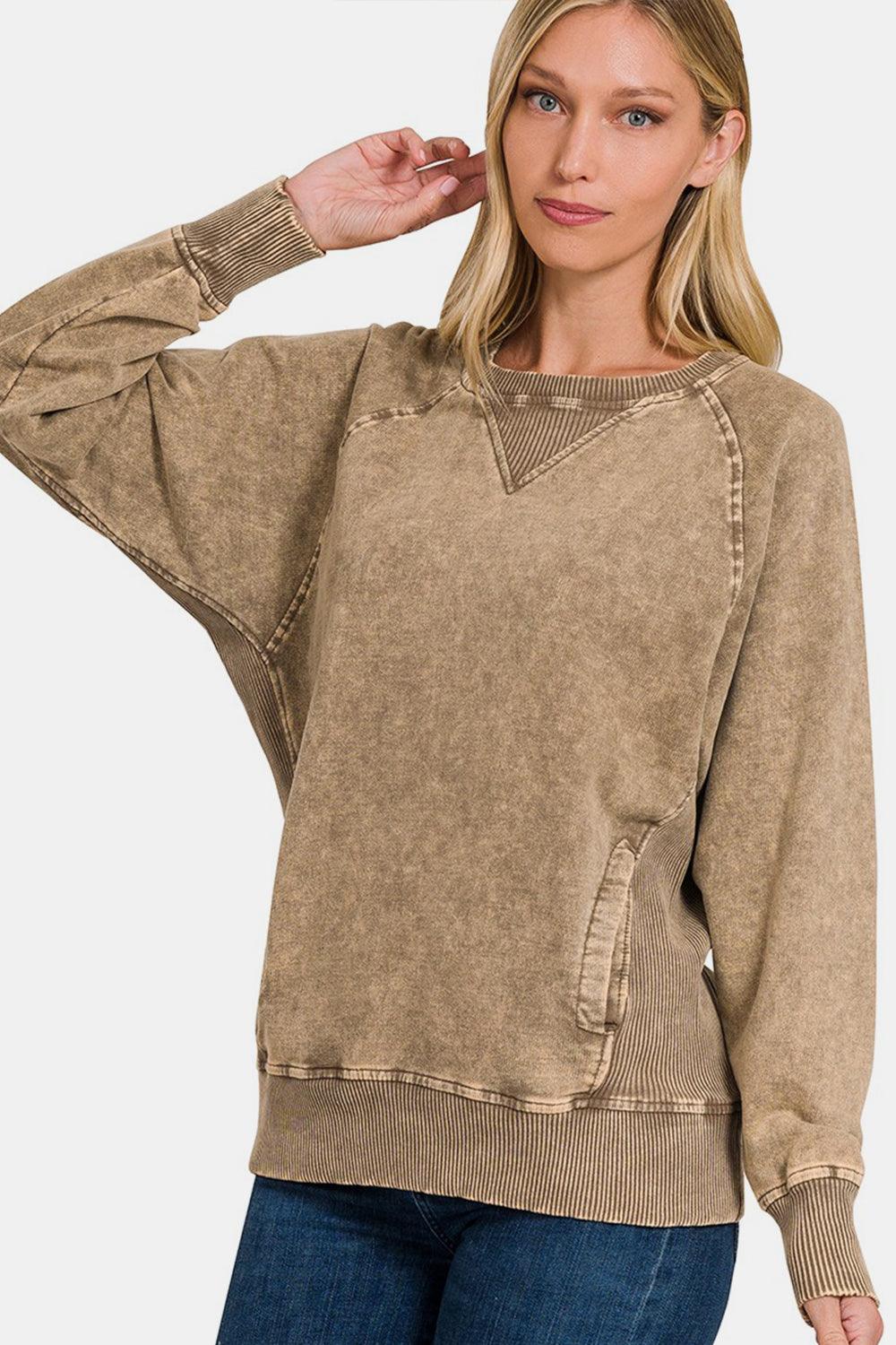 Zenana Pocketed Round Neck Sweatshirt - Immenzive