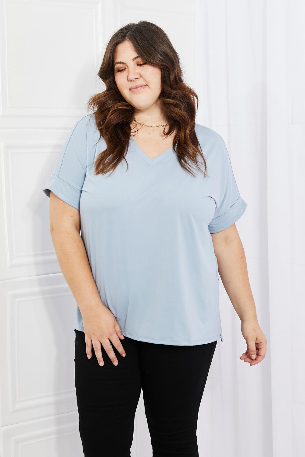 Zenana Simply Comfy Full Size V-Neck Loose Fit T-Shirt in Blue - Immenzive
