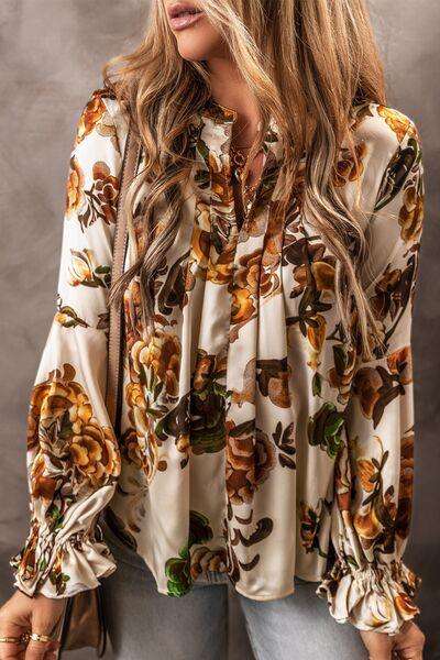 Printed Notched Long Sleeve Blouse - Immenzive