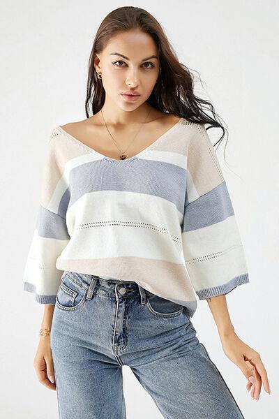 Color Block V-Neck Dropped Shoulder Sweater - Immenzive