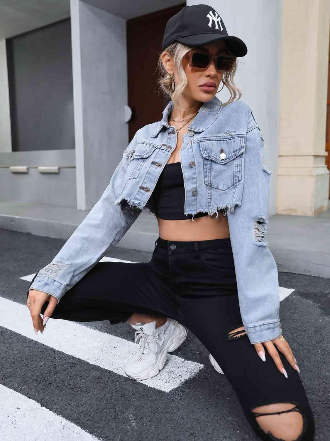 Distressed Raw Hem Cropped Denim Jacket - Immenzive