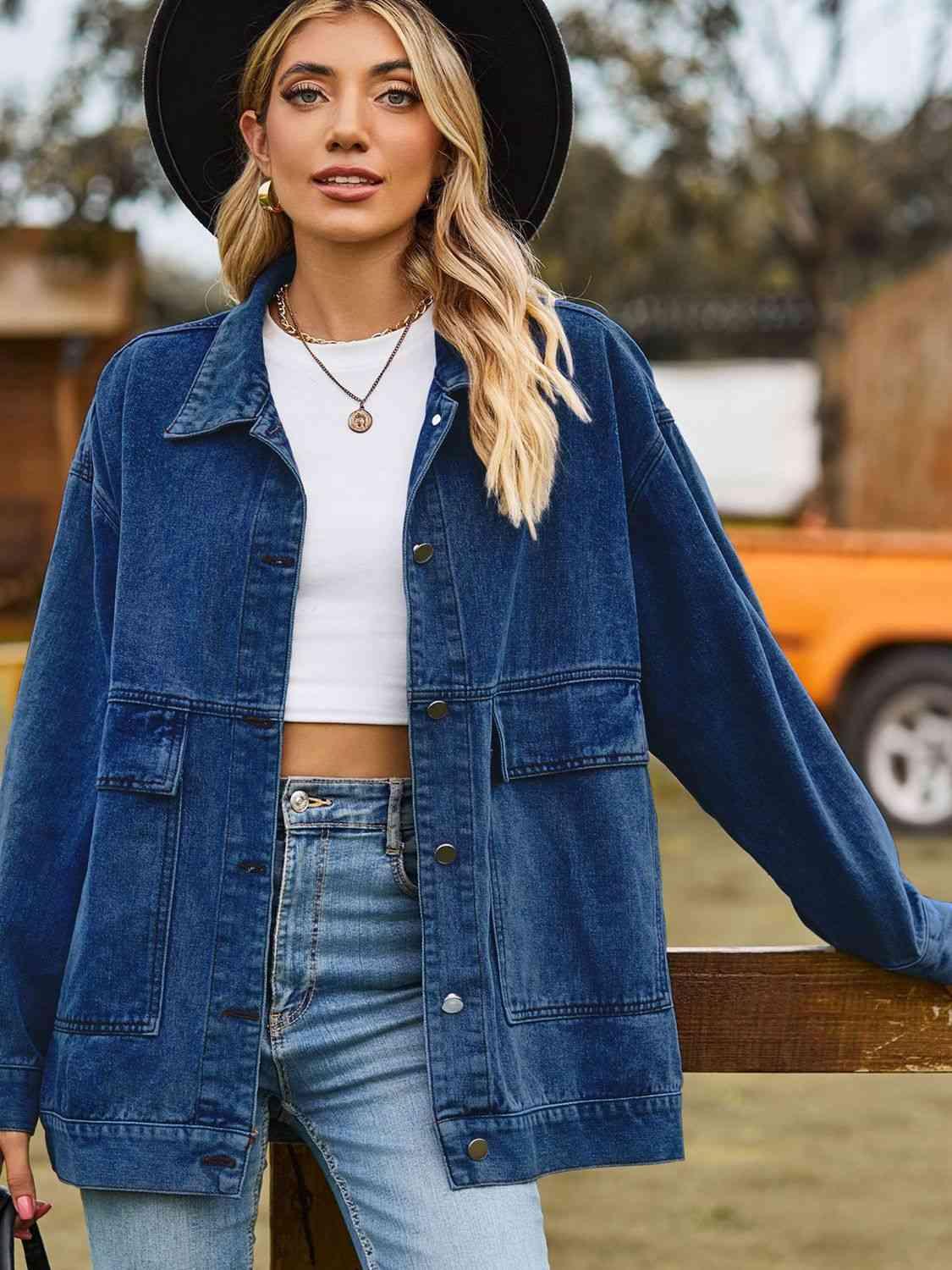 Dropped Shoulder Denim Jacket with Pockets - Immenzive