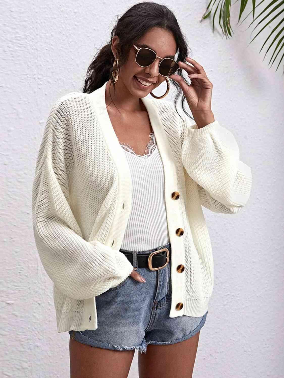 Button Down Dropped Shoulder Cardigan - Immenzive