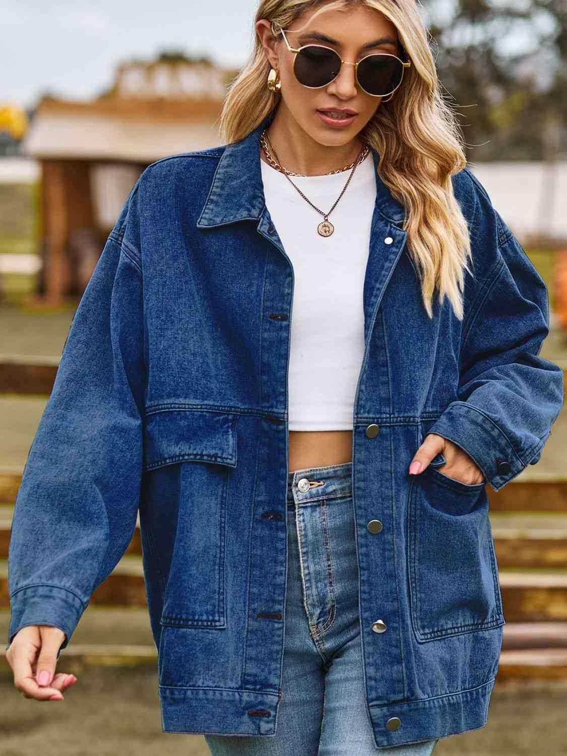 Dropped Shoulder Denim Jacket with Pockets - Immenzive