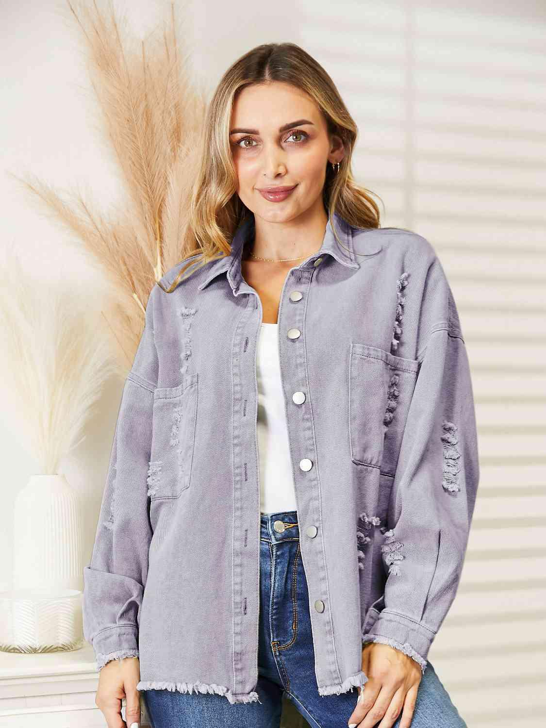 Distressed Raw Hem Denim Jacket - Immenzive