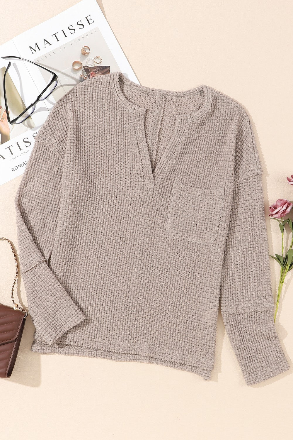 Waffle-Knit Notched Dropped Shoulder Blouse