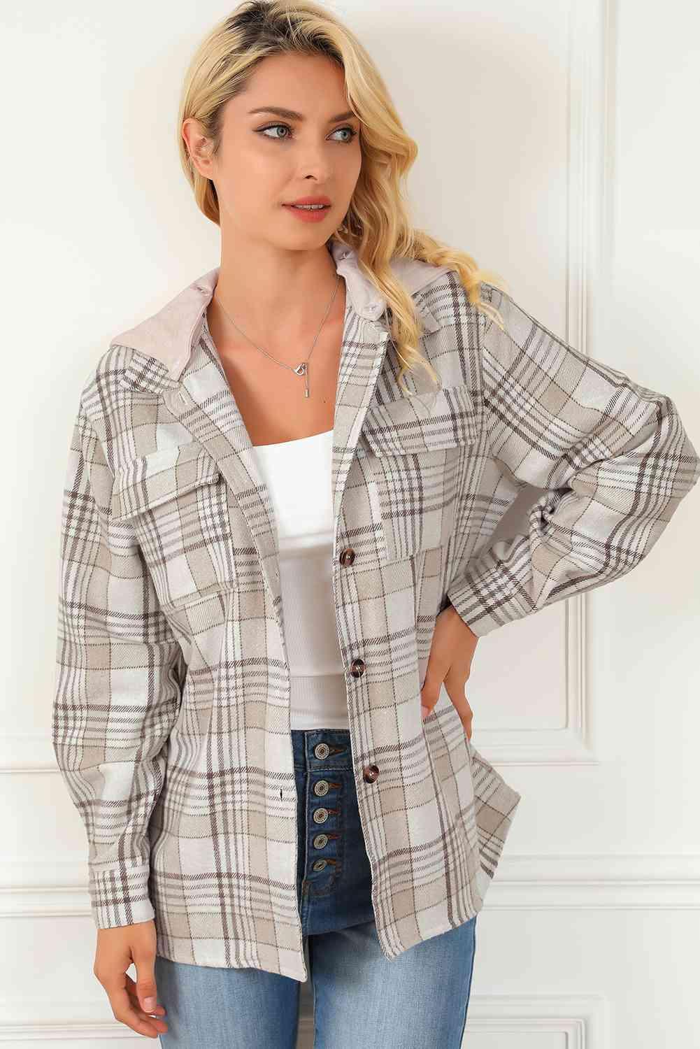 Plaid Button Down Hooded Jacket - Immenzive