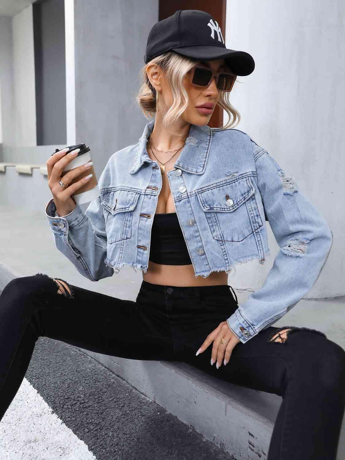 Distressed Raw Hem Cropped Denim Jacket - Immenzive