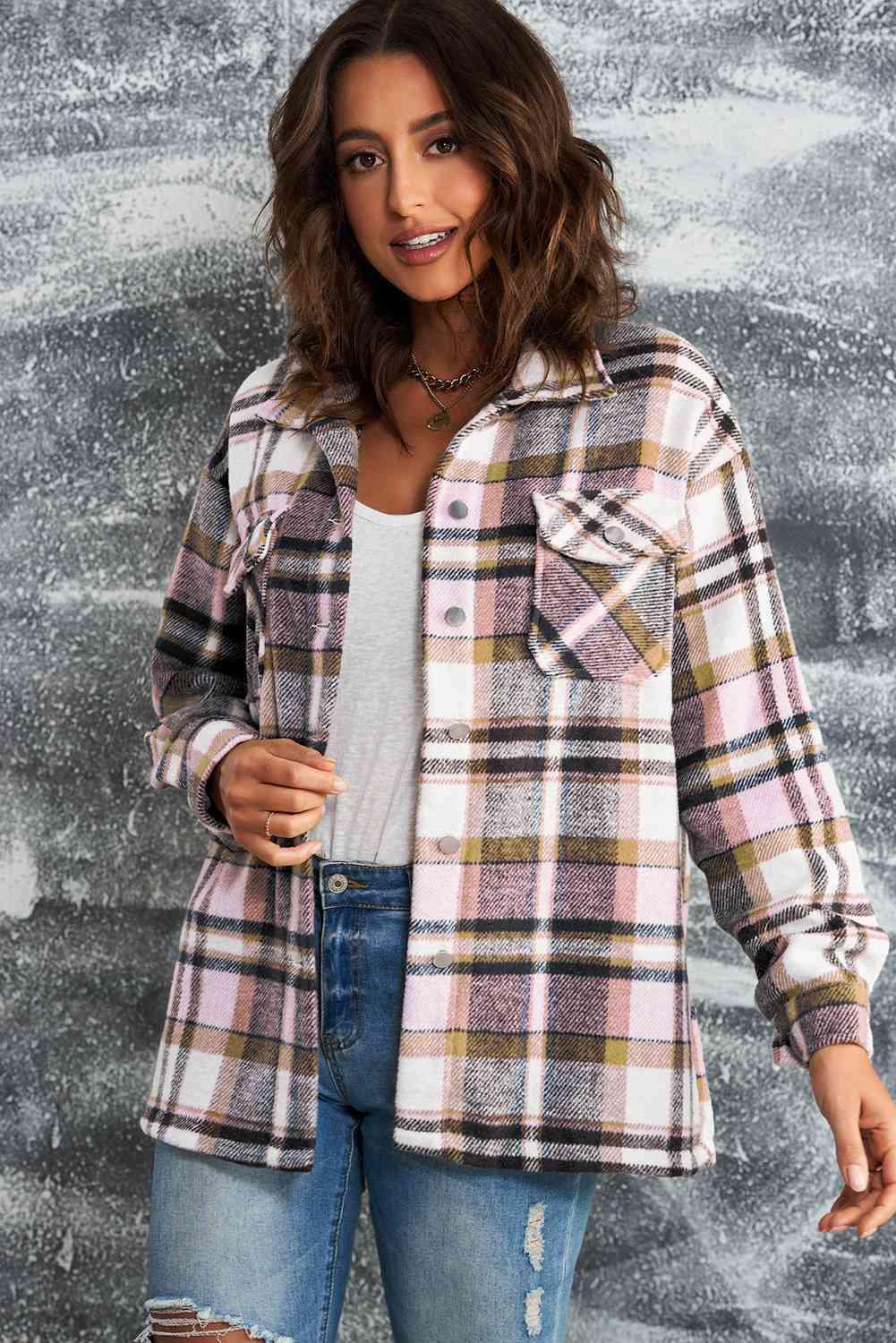 Double Take Plaid Button Front Shirt Jacket with Breast Pockets - Immenzive