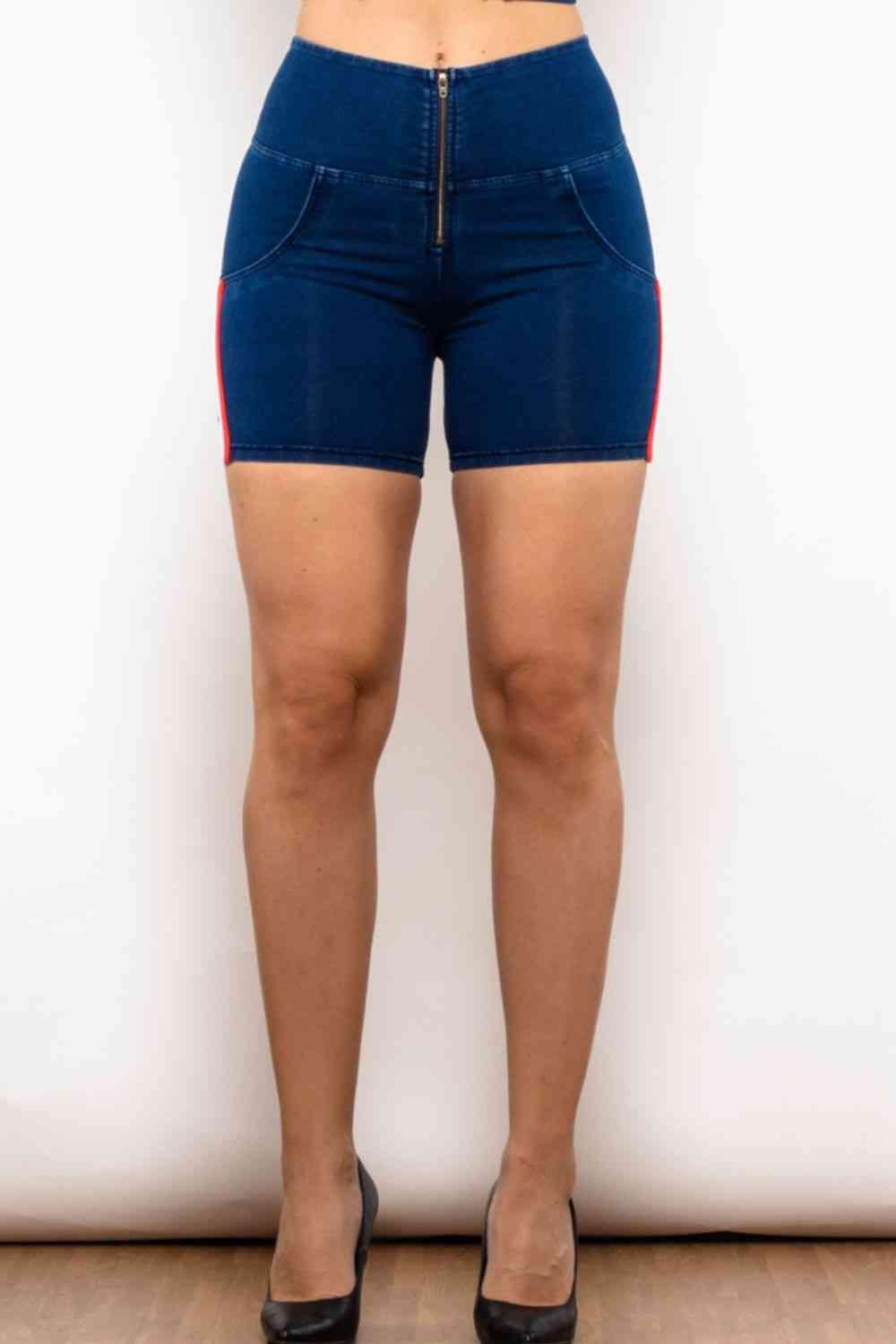 Full Size Side Stripe Zip Closure Denim Shorts - Immenzive