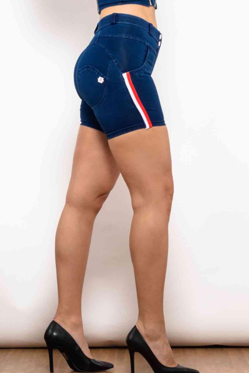 Full Size Side Stripe Buttoned Denim Shorts - Immenzive