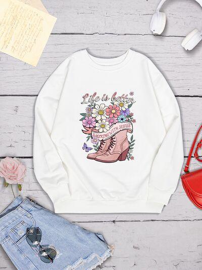 Graphic Round Neck Long Sleeve Sweatshirt - Immenzive