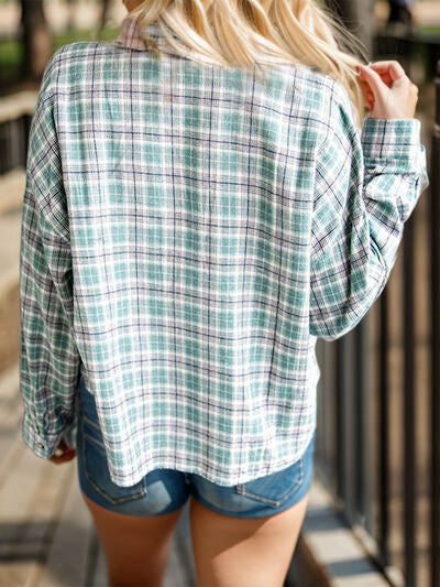 Full Size Plaid Contrast Pocketed Dropped Shoulder Shirt