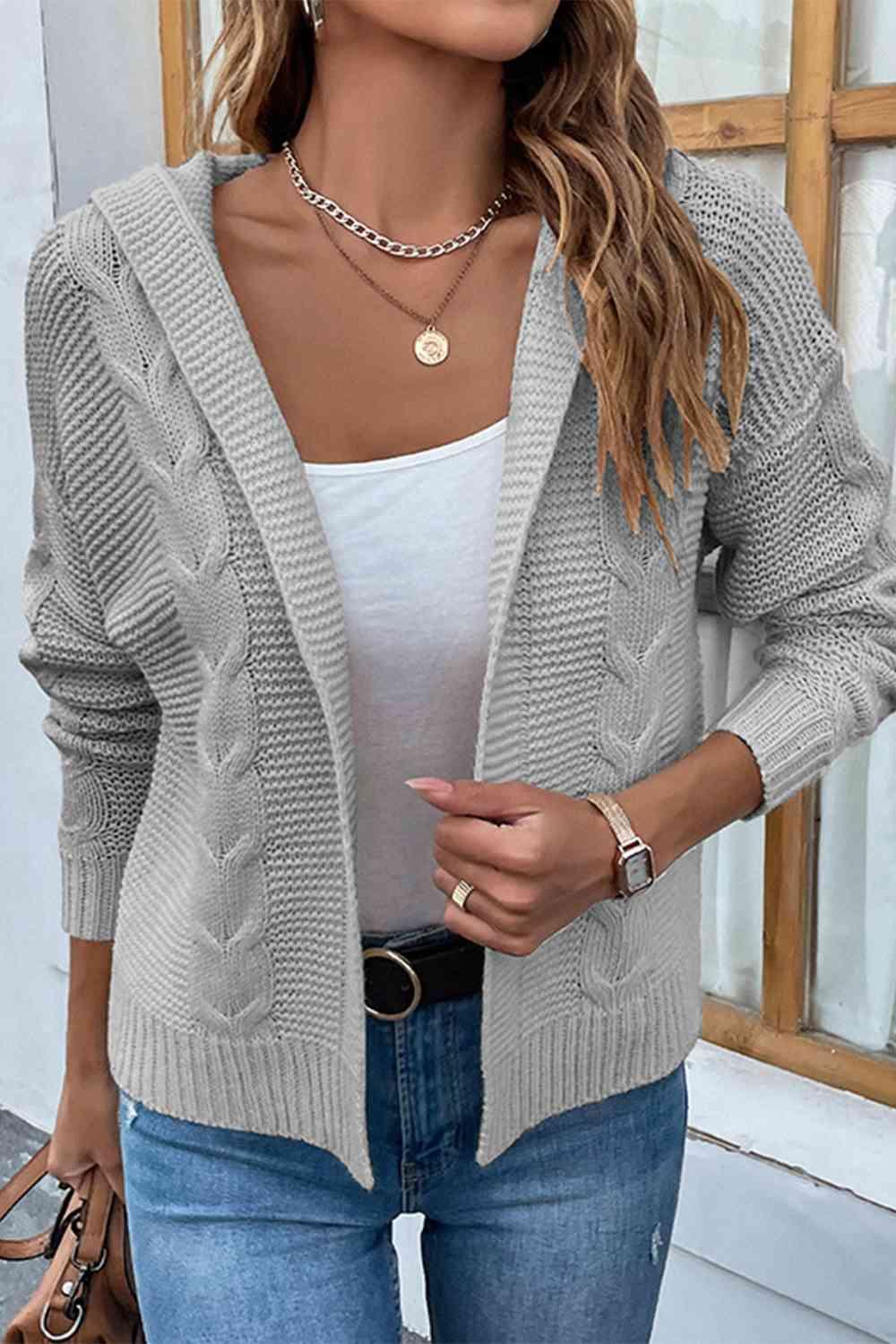 Cable-Knit Dropped Shoulder Hooded Cardigan - Immenzive