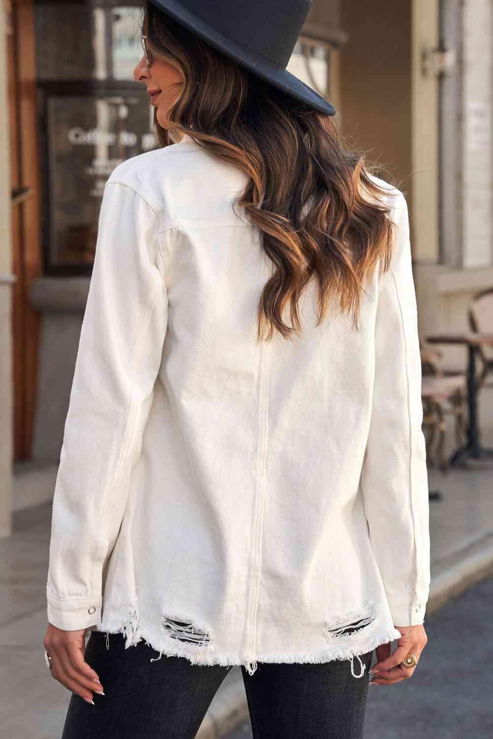 Distressed Snap Down Denim Jacket - Immenzive