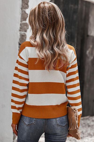 Striped Round Neck Dropped Shoulder Sweater - Immenzive