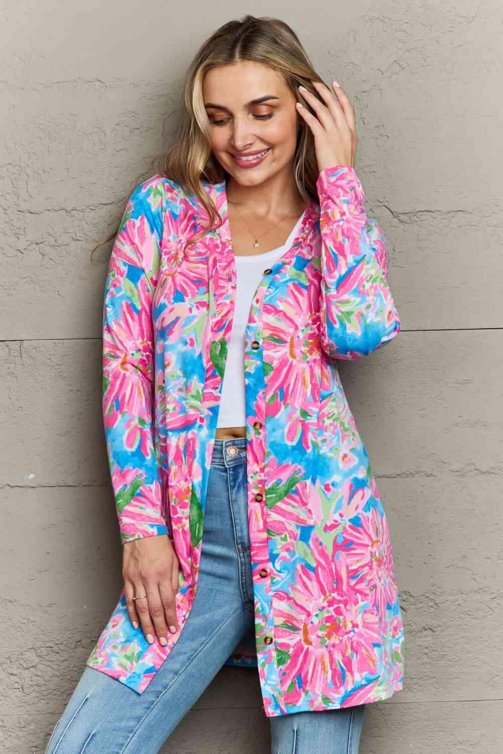 Double Take Floral Open Front Long Sleeve Cardigan - Immenzive