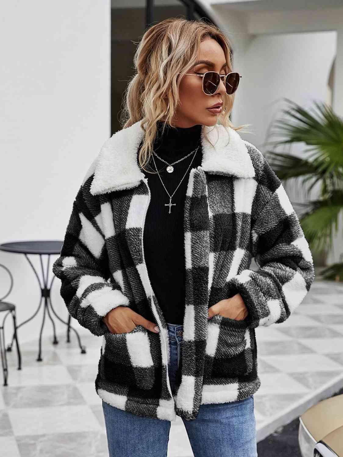 Plaid Zip-Up Collared Jacket - Immenzive