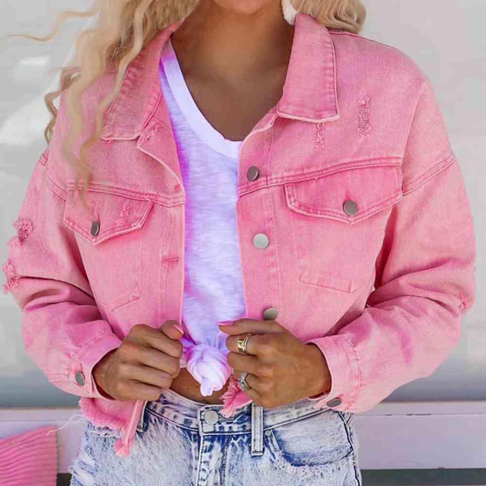 Distressed Raw Hem Dropped Shoulder Denim Jacket - Immenzive