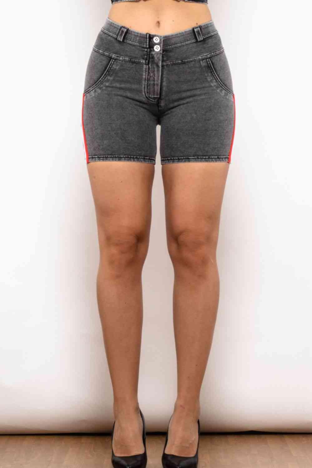Full Size Side Stripe Buttoned Denim Shorts - Immenzive