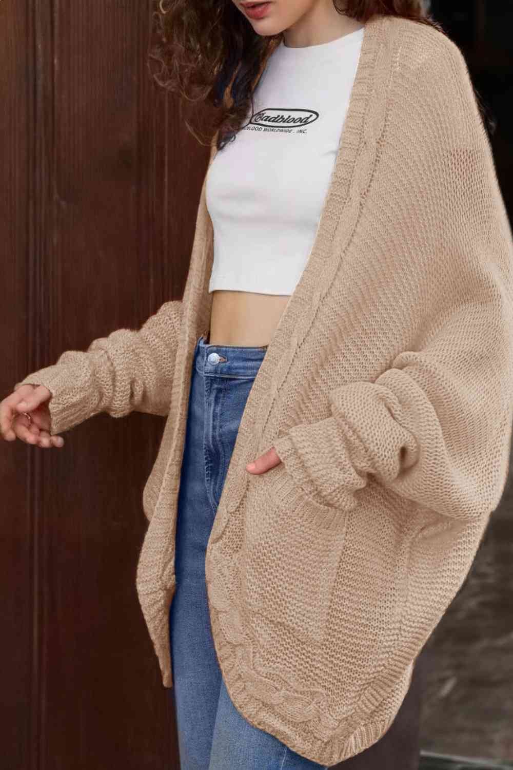 Cable-Knit Open Front Cardigan with Pockets - Immenzive