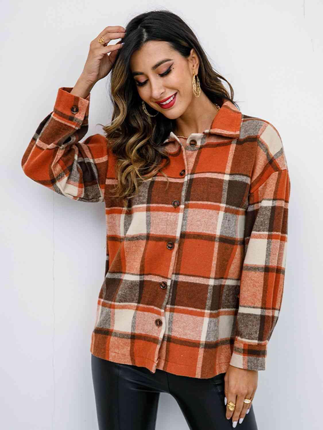 Plaid Button Up Collared Neck Jacket - Immenzive