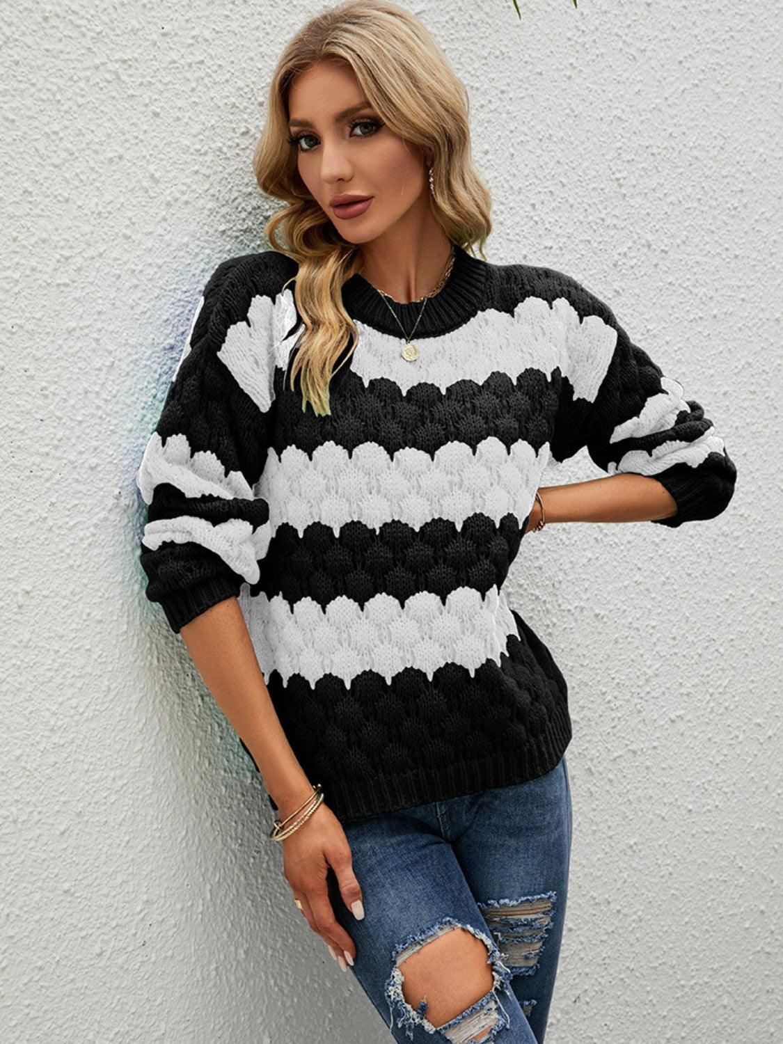 Color Block Round Neck Dropped Shoulder Sweater - Immenzive