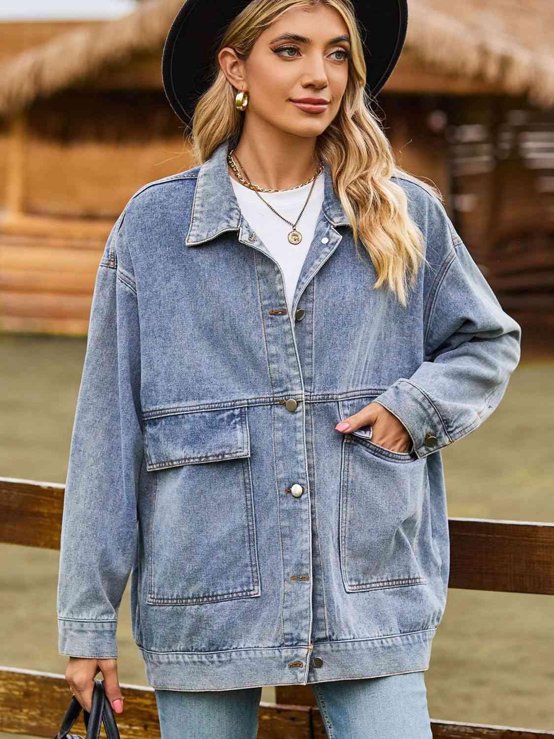 Dropped Shoulder Denim Jacket with Pockets - Immenzive