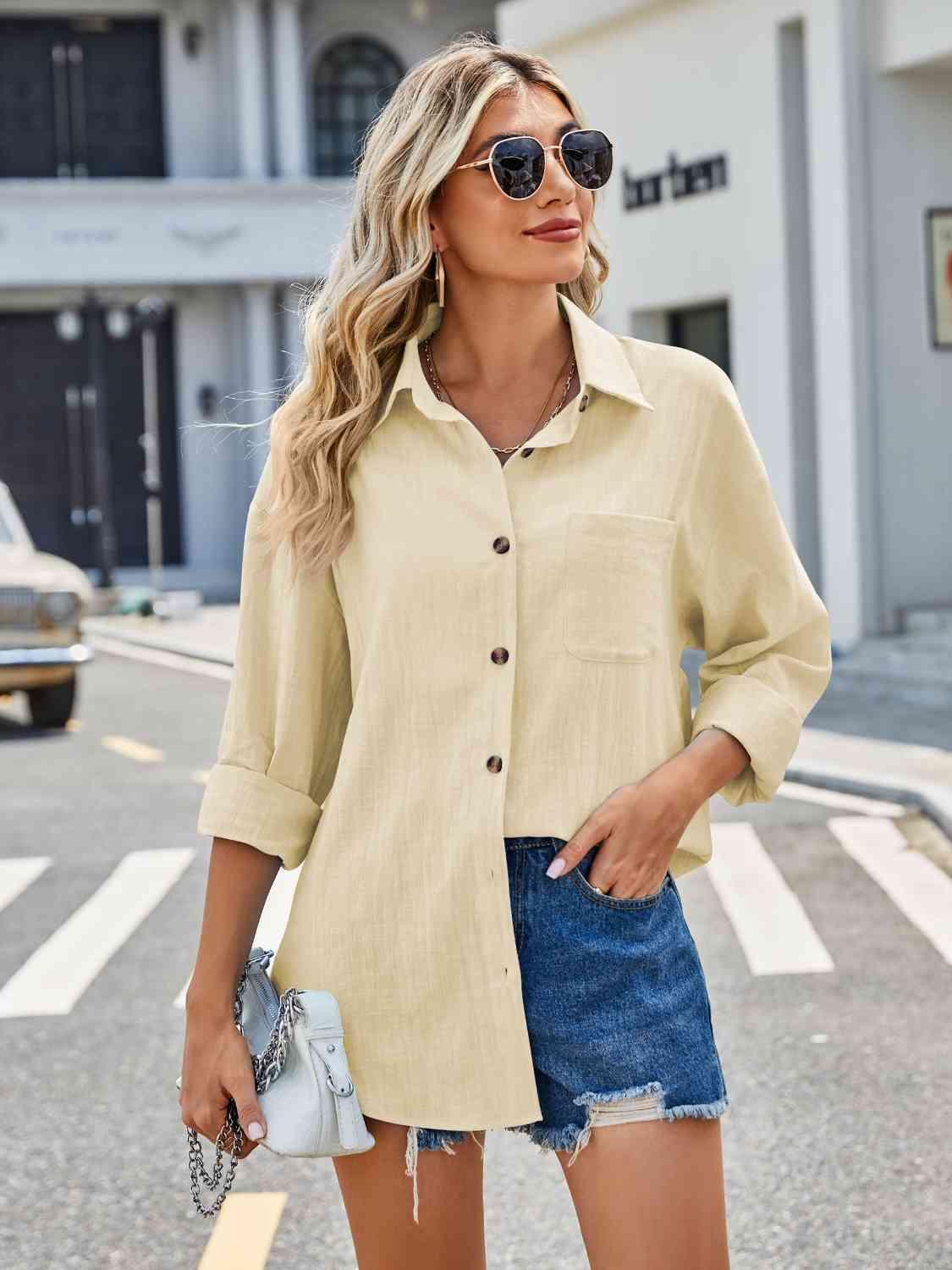 Button Up Collared Neck Long Sleeve Shirt - Immenzive