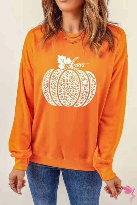 Round Neck Dropped Shoulder Pumpkin Graphic Sweatshirt - Immenzive