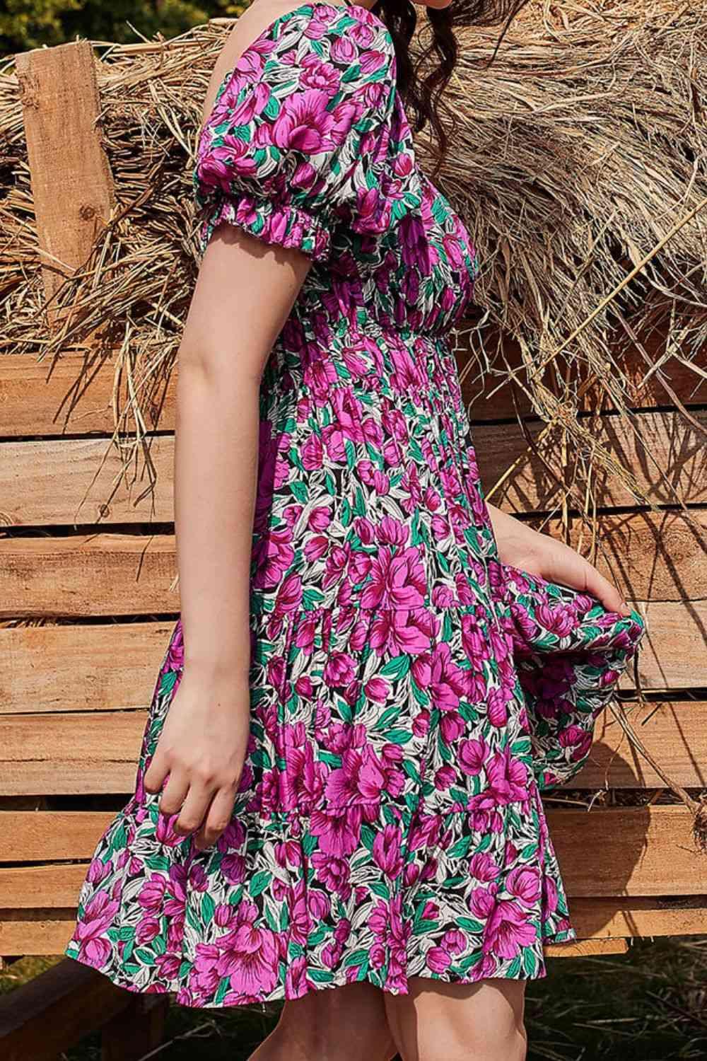 Floral Flounce Sleeve Tiered Dress - Immenzive