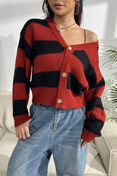 Striped Button Up Dropped Shoulder Cardigan - Immenzive