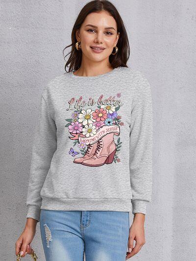 Graphic Round Neck Long Sleeve Sweatshirt - Immenzive