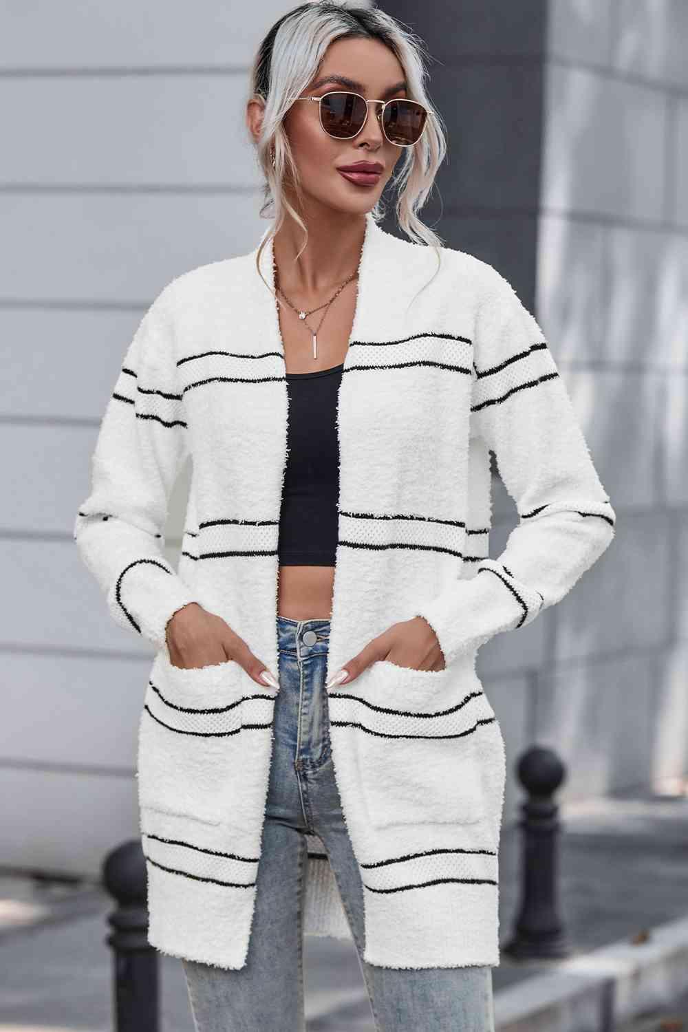 Striped Open Front Cardigan with Pockets - Immenzive