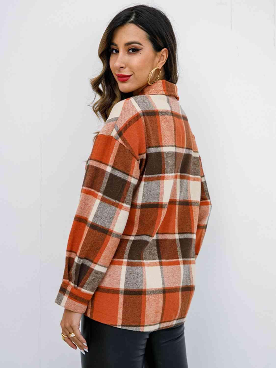 Plaid Button Up Collared Neck Jacket - Immenzive