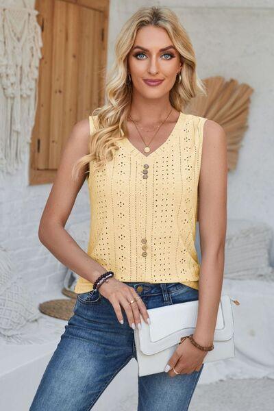 Eyelet Decorative Button V-Neck Tank - Immenzive