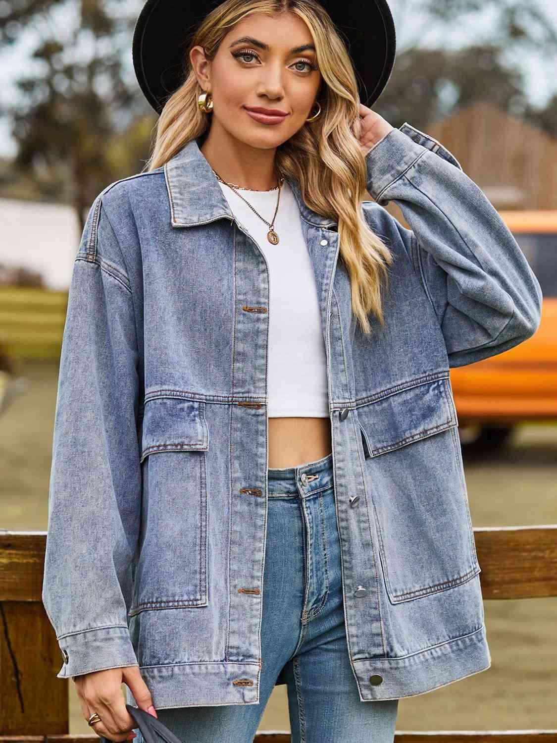 Dropped Shoulder Denim Jacket with Pockets - Immenzive